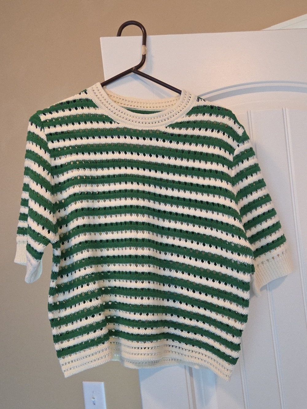 Women's Green and Cream Striped Knit Sweater